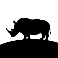 Elegant Black and White Silhouette of a Rhinoceros Standing on a Hill: A Minimalist and Simple Wildlife Landscape Illustration Capturing the Grace of Nature in a Refined Abstract Style