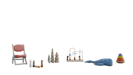 a toy set of a chair  a chair  a toy whale  a toy house  and a toy tree