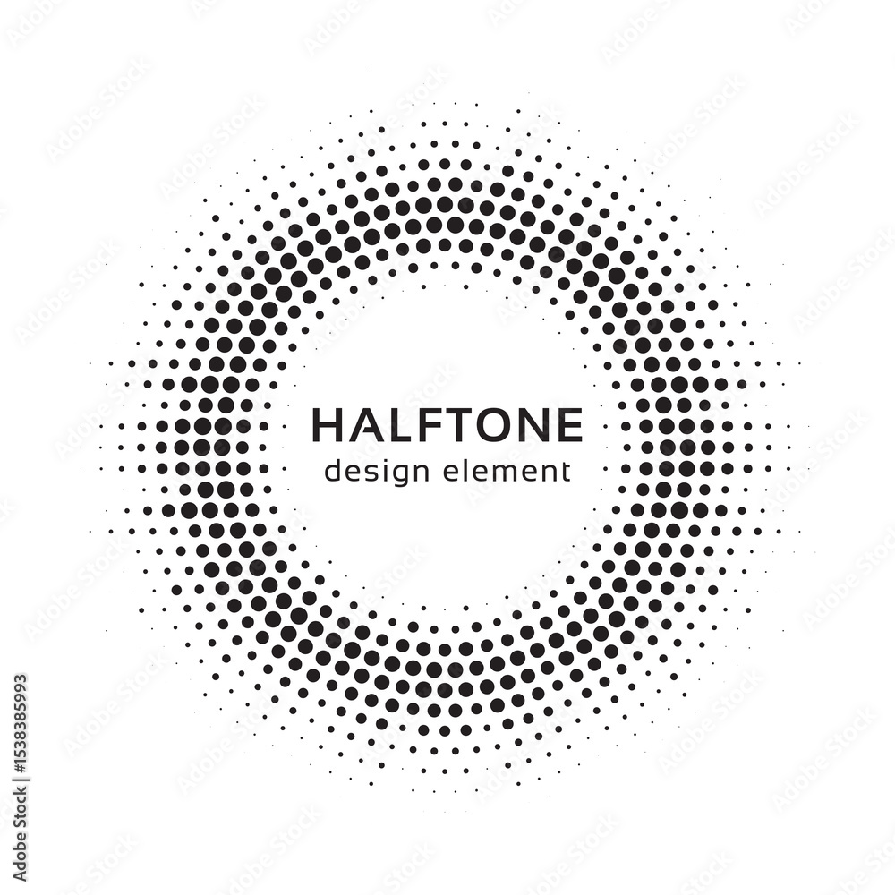 Poster Halftone circle frame background. Round border Icon using halftone random circle. Grunge circular stain. Vector illustration.	