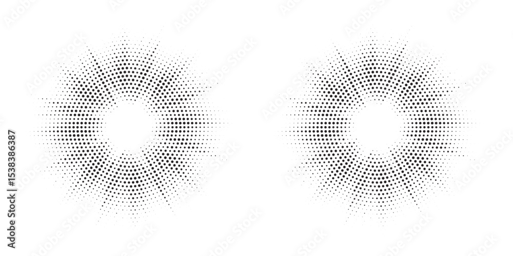 Poster Halftone circle frame background set. Round border Icon using halftone random circle. Grunge circular stain. Vector illustration.
