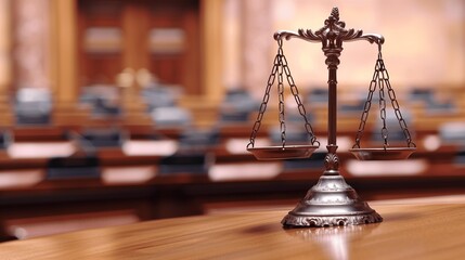Balanced scale symbolizing justice and fairness on wooden desk, representing impartiality and legal equality in courtroom setting. Concept of law and order.
