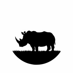 Grace in Stillness: A Minimalist Black and White Silhouette of a Rhinoceros Standing on a Grassy Hill in Digital Art