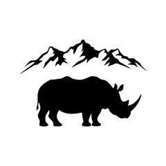 Geometric Majesty: A High-Contrast Black and White Silhouette of a Rhinoceros Against Rocky Mountain Peaks, Blending Minimalist Design with Bold Natural Landscape Elements