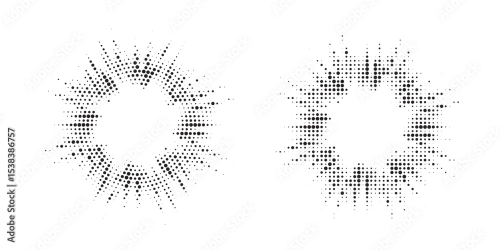 Aufkleber Halftone circle frame background set. Round border Icon using halftone random circle. Grunge circular stain. Vector illustration.