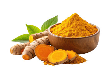 Organic turmeric powder and roots with leaves