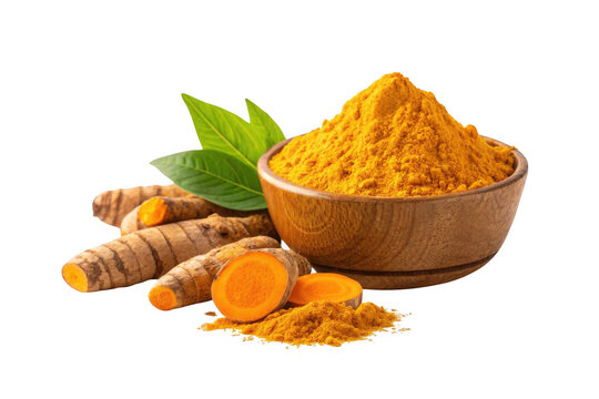 Organic turmeric powder and roots on a white background