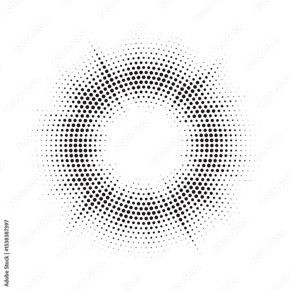 Poster Halftone circle frame background. Round border Icon using halftone random circle. Grunge circular stain. Vector illustration.	