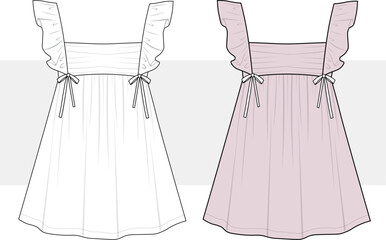 Girl short flared mini dress with frills technical drawing, fashion design, flat sketch, illustration. Cad, Mockup.