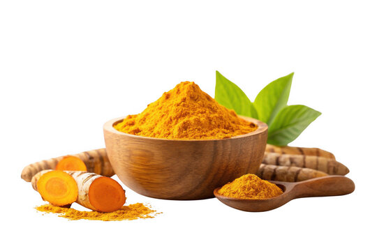 Organic turmeric powder in a wooden bowl with roots