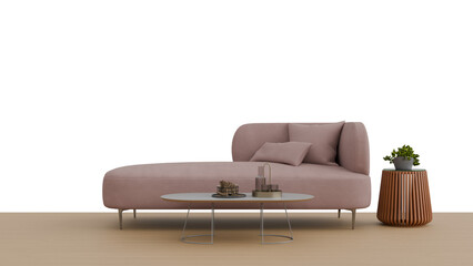 a pink couch with a plant on a table