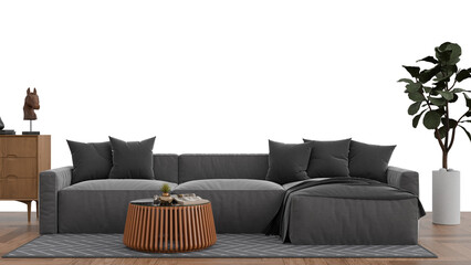 a couch with pillows and a table with a plant
