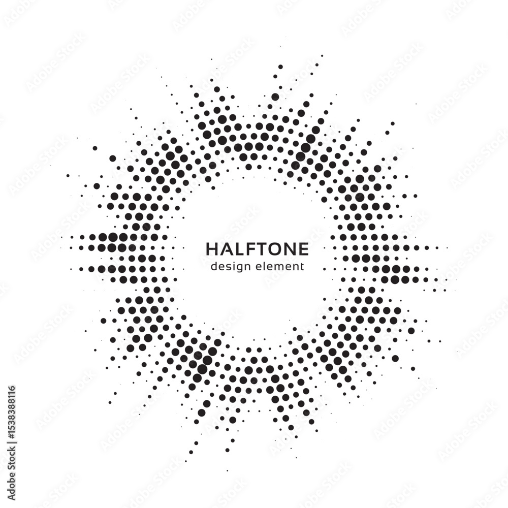 Poster Halftone circle frame background. Round border Icon using halftone random circle. Grunge circular stain. Vector illustration.	