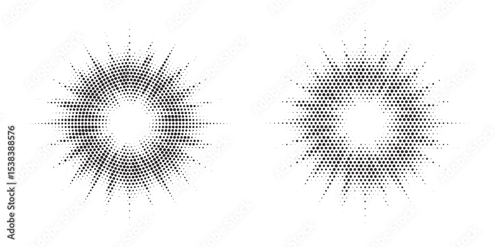 Poster Halftone circle frame background set. Round border Icon using halftone random circle. Grunge circular stain. Vector illustration.