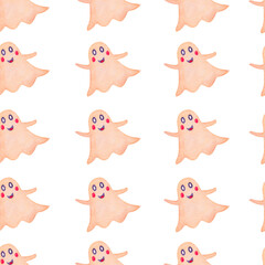 Watercolor illustration of whimsical beige ghosts. Seamless pattern for Halloween on a white background.