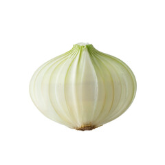 A single half cut onion with a light colored peel on a plain setting on transparent background