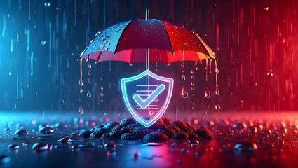 Futuristic tech insurance concept. Shield protected by umbrella. Checklist design. Modern tech design. Safe, secure cover. Safe policy. 3D illustration. Dark background. Digital plan. Covering needs.