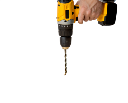 A hand holding a yellow cordless drill with a metal drill bit. The background is transparent, emphasizing the tool's design and functionality.