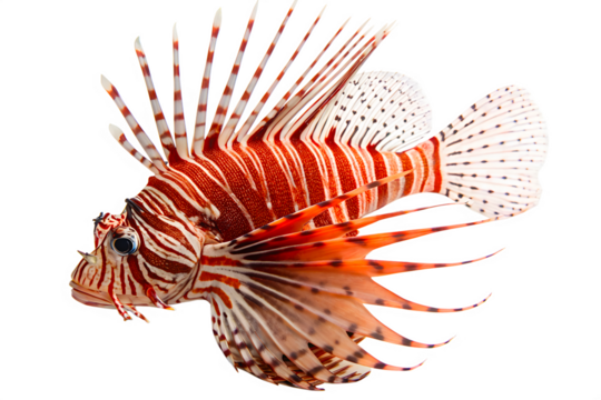 A vibrant red lionfish with long, spiky fins swims gracefully. The fish displays striking stripes and a unique shape, set against a transparent background. - Powered by Adobe