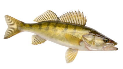 A yellow perch fish with distinct vertical stripes and a streamlined body. The fish is displayed against a transparent background, showcasing its fins and features clearly.