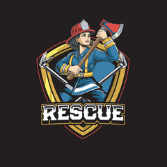 Vector Illustration of Woman Firefighter Carrying Axe with Detailed Illustration Available for Logo Badge
