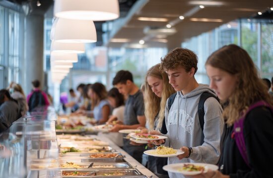 Students gather at a buffet-style cafeteria, selecting meals from a variety of food options.