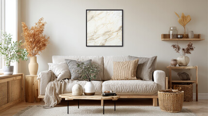 Cozy living room setup with natural materials and poster frame mockup, reflecting tasteful interior styling
