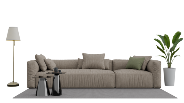 a couch with pillows and a table with a lamp