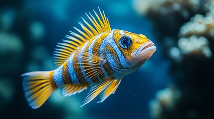 Obraz premium Brightly colored fish with yellow and blue stripes in an aquarium. Great for articles about marine life and nature.