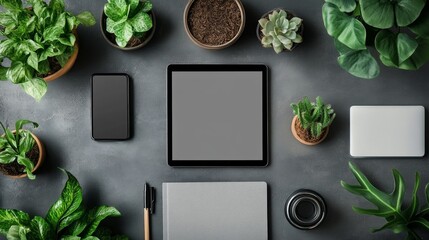 Work desk with tablet, phone, laptop and plants. Articles about workspace, office furniture advertising, productivity blogs.