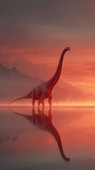 Brachiosaurus standing in shallow water at sunset in a misty prehistoric landscape