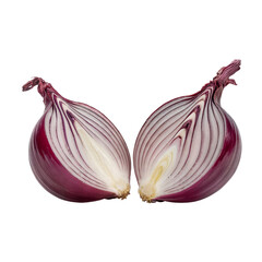 A close up of two halves of a sliced purple onion on a plain surface on transparent background