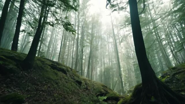 Fog rolling through lush green forest