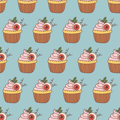 Seamless Pattern with Halloween Cupcakes and Eyeball Toppers on Blue Background