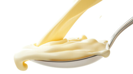 Sweetened Condensed Milk Pouring from Spoons, Isolated on White Background, Food Photography, Culinary Image, Condensed milk, Sweetener, Dessert