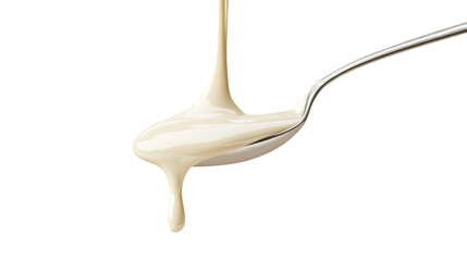 Sweetened Condensed Milk Pouring from Spoons, Isolated on White Background, Food Photography, Culinary Image, Condensed milk, Sweetener, Dessert