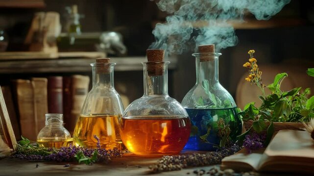 Aromatic alchemy: colorful potion bottles evoking mysterious vintage laboratory vibes