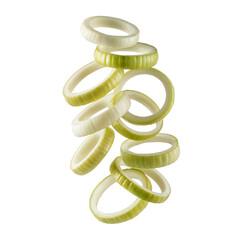 A stack of sliced onion rings floating in the air on a plain setting on transparent background