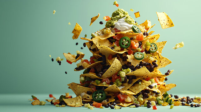 A towering pile of golden nachos, generously topped with melted cheese, black beans, diced tomatoes, fresh guacamole, sour cream, and sliced jalapeños, stands against a pastel background.