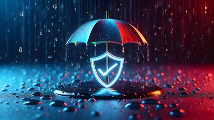 Futuristic tech insurance concept. Shield protected by umbrella. Checklist design. Modern tech design. Safe, secure cover. Safe policy. 3D illustration. Dark background. Digital plan. Covering needs.
