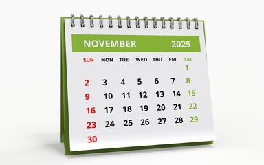 Standing Desk Calendar November 2025. Business monthly calendar with metal spiral-bound, the week starts on Sunday. 