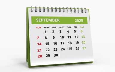 Standing Desk Calendar September 2025. Business monthly calendar with metal spiral-bound, the week starts on Sunday. 