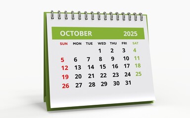 Standing Desk Calendar October 2025. Business monthly calendar with metal spiral-bound, the week starts on Sunday. 