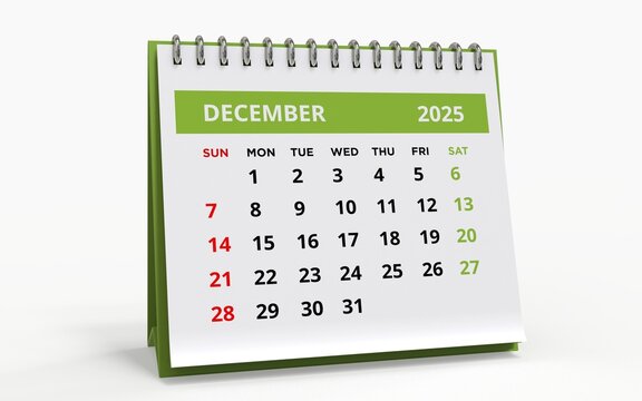 Standing Desk Calendar December 2025. Business monthly calendar with metal spiral-bound, the week starts on Sunday. 
