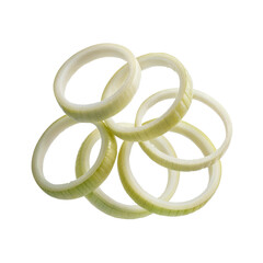 Arrangement of several translucent onion rings on a simple surface on transparent background