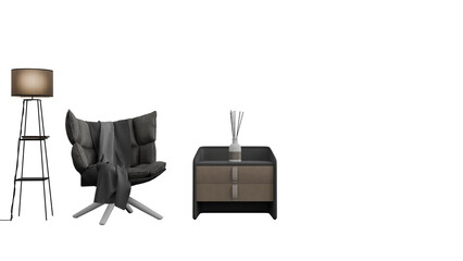 a chair  lamp  and table with a blanket on it