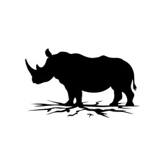 Minimalist Flat Design Vector Illustration of a Black Silhouette Rhinoceros – Endangered Wild Animal in Natural Savanna Grassland Habitat, Representing Wildlife Conservation and Nature Preservation