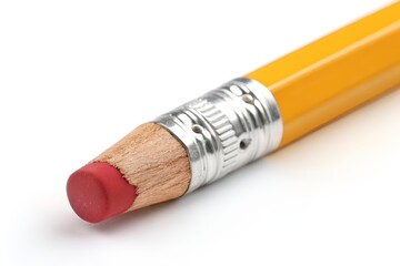 Obraz premium Vibrant Yellow Pencil with Red Eraser on White Background – Close-Up Photo