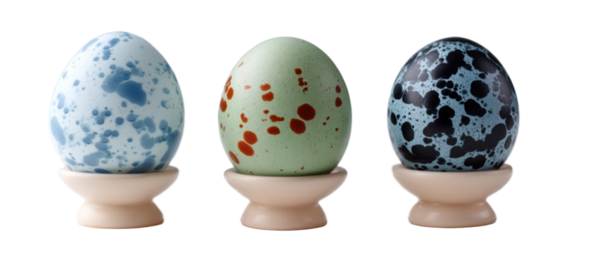 Colorful speckled eggs displayed in elegant egg cups, showcasing a vibrant spring theme