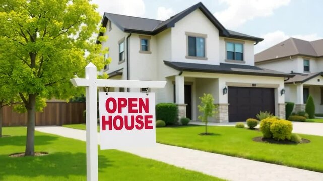Two-story house with open house sign