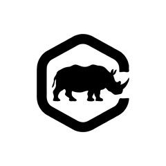 Minimalist Black Silhouette of a Rhino Within a Hexagon Frame – Black and White Digital Art